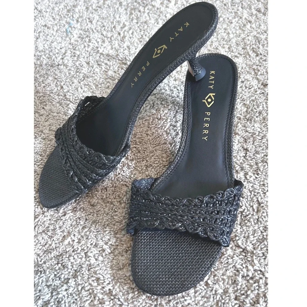 Katy Perry The Flouwerwoven Scandi‎ Black Braided Kitten Heel Sandals SZ 10M